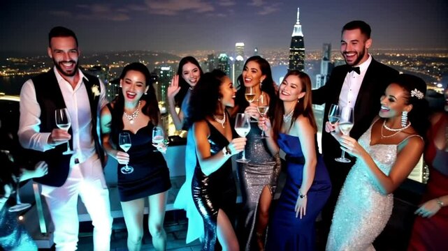 happy group of friends celebrating making toast to glamorous party event drinking champagne wearing stylish fashion at formal social gathering enjoying rooftop dance celebration