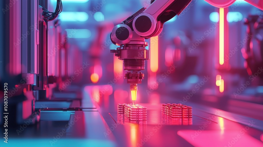 Poster advanced robotic arm in a high-tech factory performing precision assembly with neon lights and futur