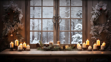 Close-Up of Rustic Wooden Table with Christmas Wreath, Candles, and Snowy View
