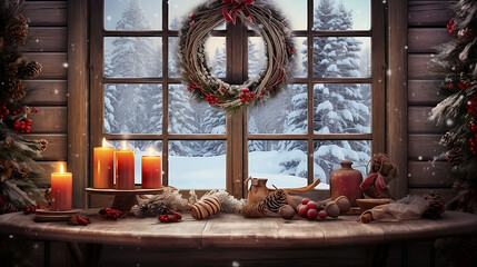 Close-Up of Rustic Wooden Table with Christmas Wreath, Candles, and Snowy View