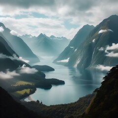 A scenic view of New Zealand&rsquo;s fjords, with misty mountains and clear waters.