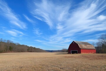 Red Barn in Open Field Under Blue Sky
