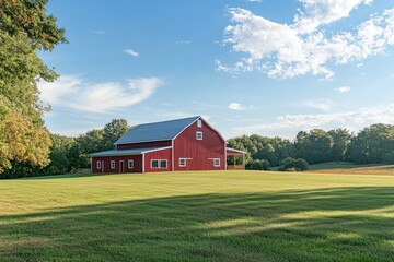 Obraz premium Red Barn Surrounded by Fields and Blue Sky