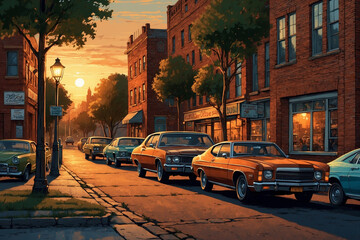 Obraz premium Sunset-lit street, classic 70s cars, retro stores, vintage lamps, brick walls, trees, and charm. in ilustration style