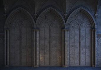 Abandoned night castle with a large gothic window or crypt