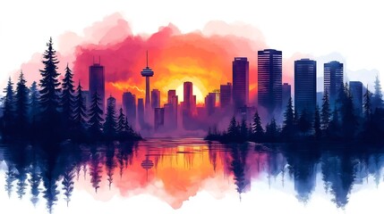 Obraz premium Minimalist illustration of an urban skyline in a two colour palette with a clean modern design
