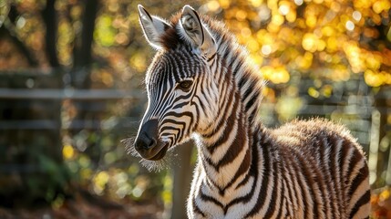 Close-Up Portrait of a Young Zebra with Striking Black and White Stripes in a Natural Setting Surrounded by Autumn Foliage and Soft Light