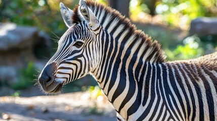 Fototapeta premium Majestic Profile of a Zebra in Natural Habitat Showcasing Striking Black and White Stripes in the Warm Sunlight Surrounded by Lush Greenery and Soft Background Elements