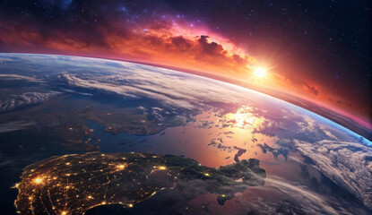 Breathtaking view of the earth during a vibrant sunset from space. Earth horizon with illuminated city lights.