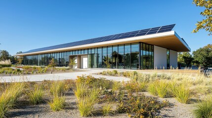 Obraz premium Modern Architectural Design of Eco-Friendly Building with Solar Panels and Lush Landscape, Showcasing Innovative Sustainable Features and Natural Beauty