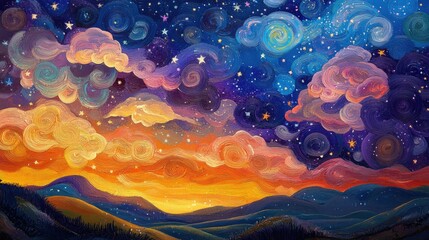 Star-filled sky with swirling patterns, inspired by oil art styles