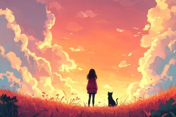 Obraz premium Girl and Cat Watching Colorful Sunset Landscape