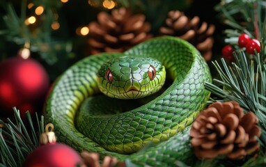 Fototapeta premium green snake cozy christmas background