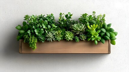 Rustic wooden planter box filled with a harmonious arrangement of thriving succulents cacti and other low maintenance greenery displayed against a plain white wall for a natural