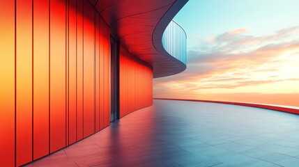 Modern architectural design with a curved red facade and sunset view.