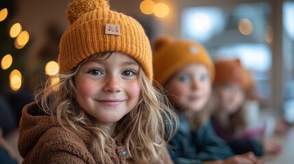 Cheerful children wearing cozy hats during a festive gathering