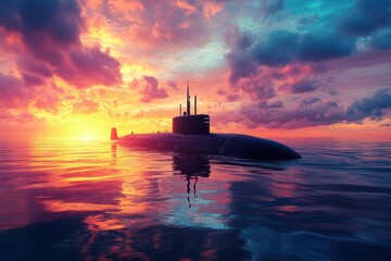 Fototapeta premium Submarine at Sunset Over Calm Ocean Waters