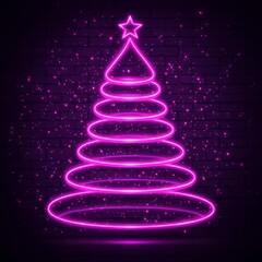 Glowing neon pink Christmas tree on dark brick wall.