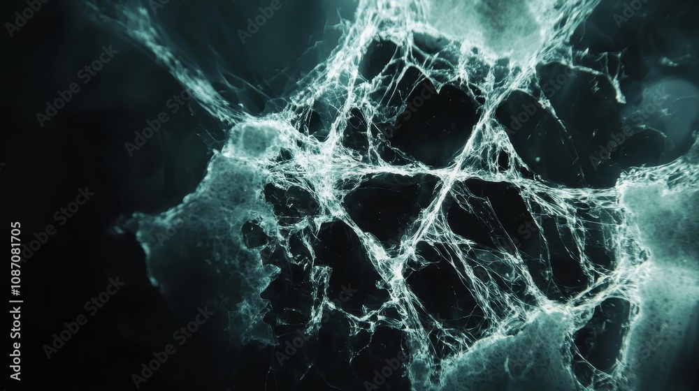 Poster abstract close-up view of intricate spider web structure illuminated by light, showcasing details an