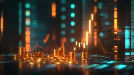 Fototapeta premium Growth arrow gold coin currency price on money business finance 3d background with success financial market investment earning graph.