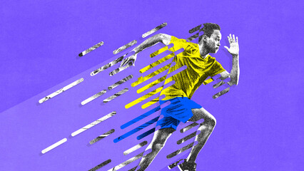 Contemporary art collage. Black and white runner in dynamic pose, with yellow and blue motion lines extending across purple background. Concept of sport, movement as physical energy and action.