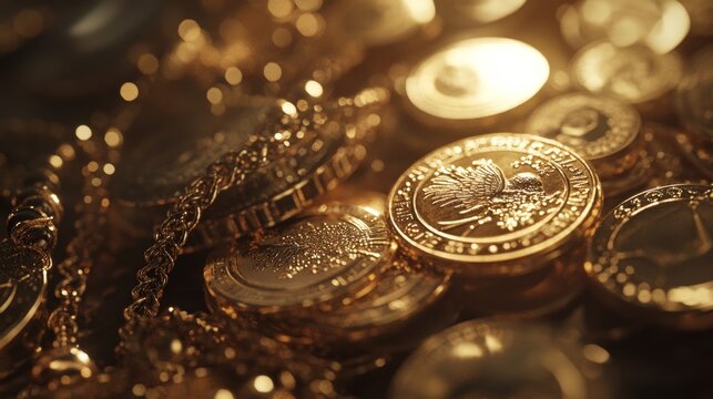 A collection of gold coins and jewelry displayed together, symbolizing both their preciousness and asset value, shining brightly under soft lighting in an upscale setting