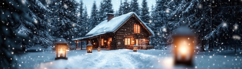 Fototapeta premium Romantic winter wonderland cabin nestled along a snowy trail, inviting cozy moments and serene nature escapes.