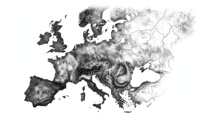 Detailed Greyscale Topographic Relief Map of Europe