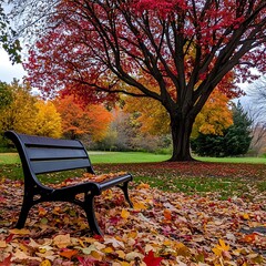Autumn Park Bench with Fallen Leaves