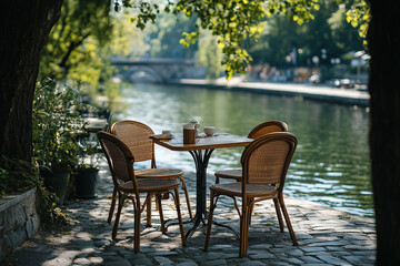 Summer outdoor cafe. Empty table in a cafe on the embankment in French style.