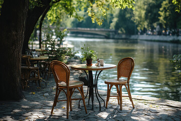 Summer outdoor cafe. Empty table in a cafe on the embankment in French style.
