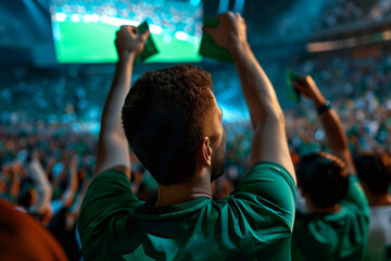 Obraz premium Generative AI Sports Fan Watching Football Match in Stadium