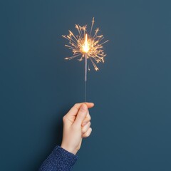 Hand holding a lit sparkler against a dark blue background.