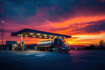 Truck at Gas Station During Vibrant Sunset