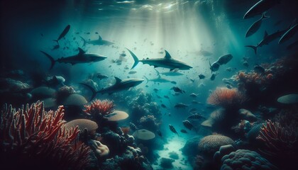 Obraz premium Mesmerizing underwater scene with sharks swimming amidst vibrant coral reef life in a sunlit ocean environment