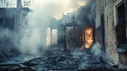 Burning house destroyed by destructive fire with smoke and flames