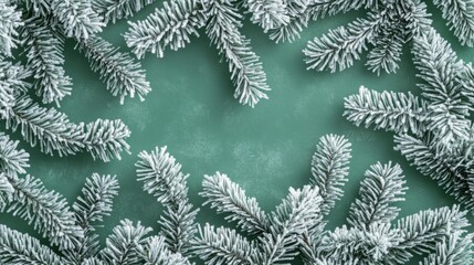 christmas frame with green snowy pine branch against green background