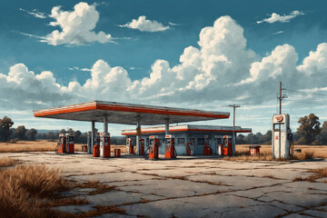 Vintage gas station with flat roof, faded pumps, brick facade, wild grass cracks, endless plains, and fluffy white clouds above. In illustration style