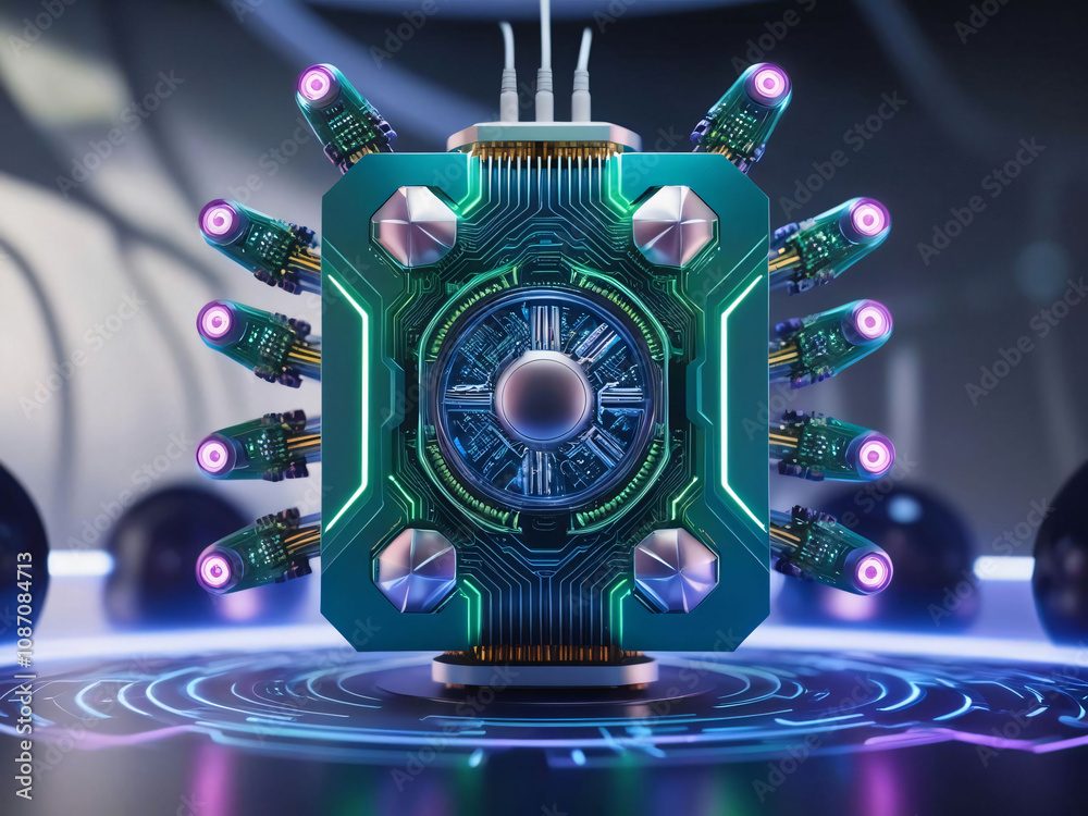 Poster The design features a highly detailed computer processor with glowing components and circuits, placed on a modern digital platform illuminated by ambient lights.