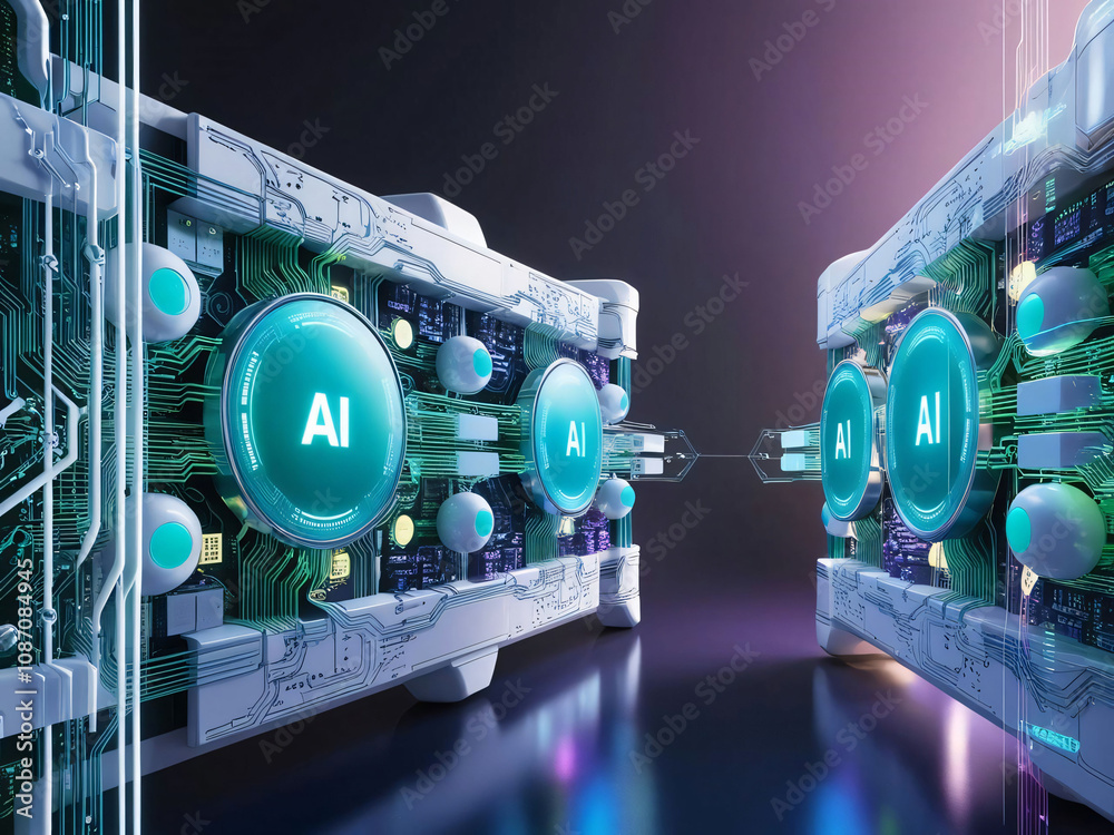 Poster two intricate artificial intelligence circuits are linked together in a sleek, futuristic setting. t