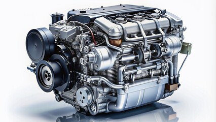 Isometric View of a New Modern Car Engine Isolated on a White Background - Automotive Concept Showcase for Enthusiasts and Engineers