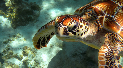 Fototapeta premium Close-Up of a Sea Turtle Swimming in Clear Water with Sunbeams Shining Through, Revealing its Intricate Shell Pattern and Striking Eye