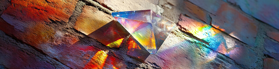 A single glass prism, reflecting multiple fragments of light onto a rustic brick wall, creating a kaleidoscopic effect.