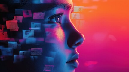 A vibrant profile of a person immersed in digital imagery, symbolizing the intersection of technology and human consciousness.