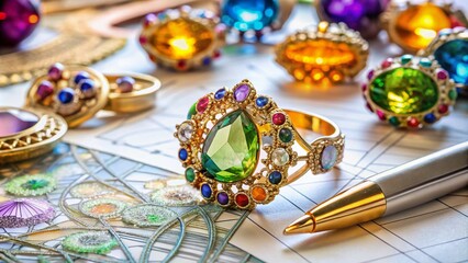 Jewelry Craftsman's Sketchpad Showcasing Creative Designs for Colorful Gem Rings Merging Artistic Vision with Gemology Expertise in Architectural Photography Setting