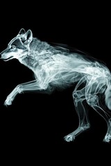 Naklejka premium Stunning X-ray Image of a Running Wolf Showcasing Intricate Skeletal Structure and Anatomical Details Against a Black Background