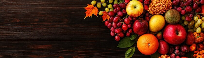 A vibrant display of assorted fresh fruits on a wooden surface, perfect for healthy recipes.