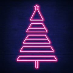 Fototapeta premium Pink neon Christmas tree on dark background.