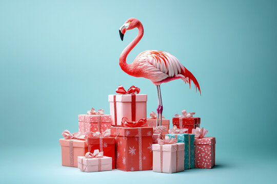A whimsical flamingo standing on colorful gift boxes, perfect for festive invitations, holiday decor, or seasonal marketing for Christmas and celebrations.