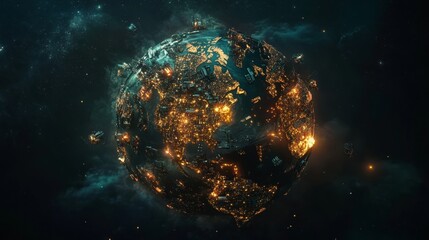 Obraz premium Futuristic depiction of global expansion featuring intricate infrastructure designs glowing connections and symbols of progress in a modern interconnected world